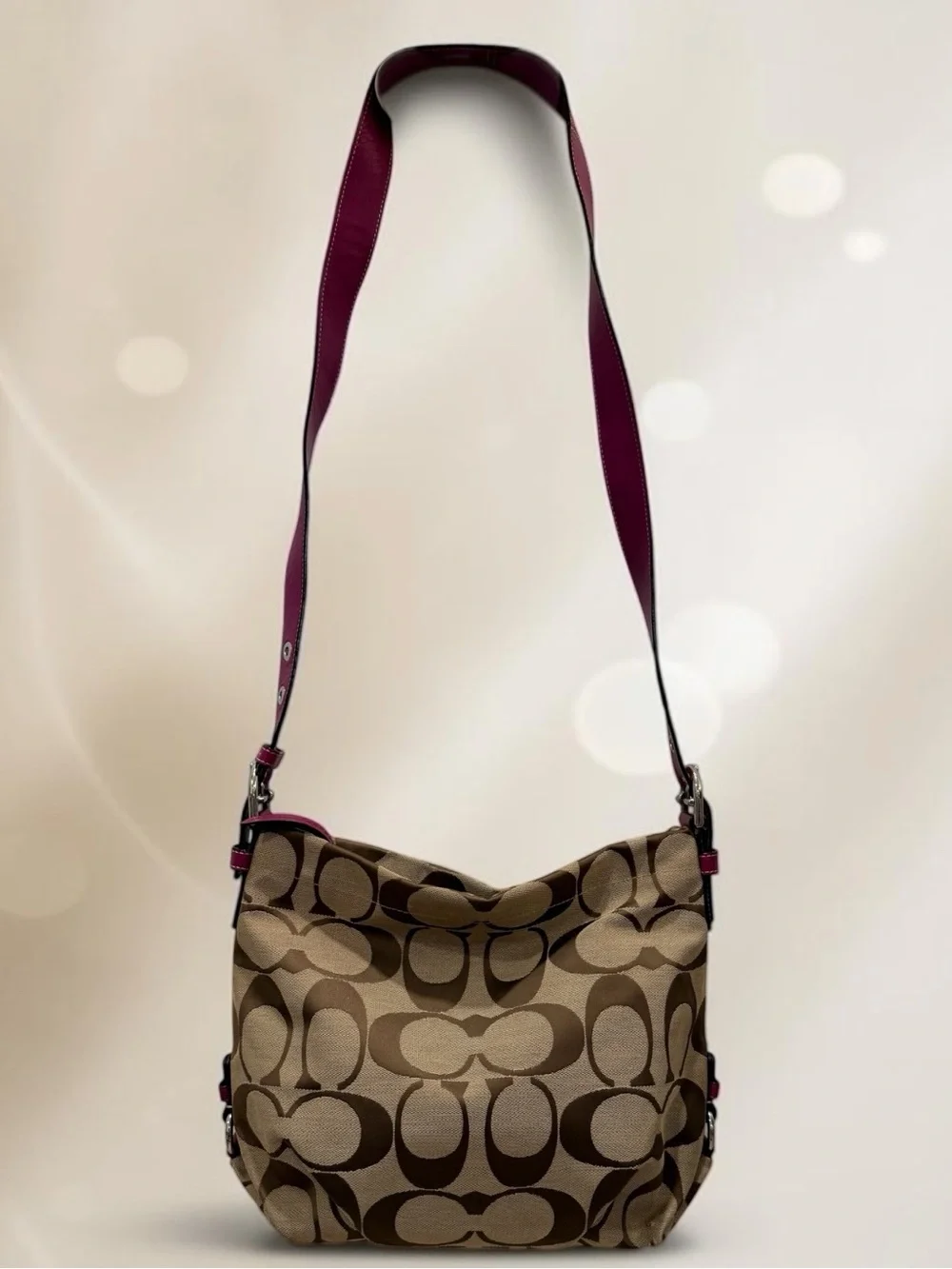 Coach F15067 Signature Duffle Crossbody Bag Khaki Brown Fuchsia Pink + Dust Bag